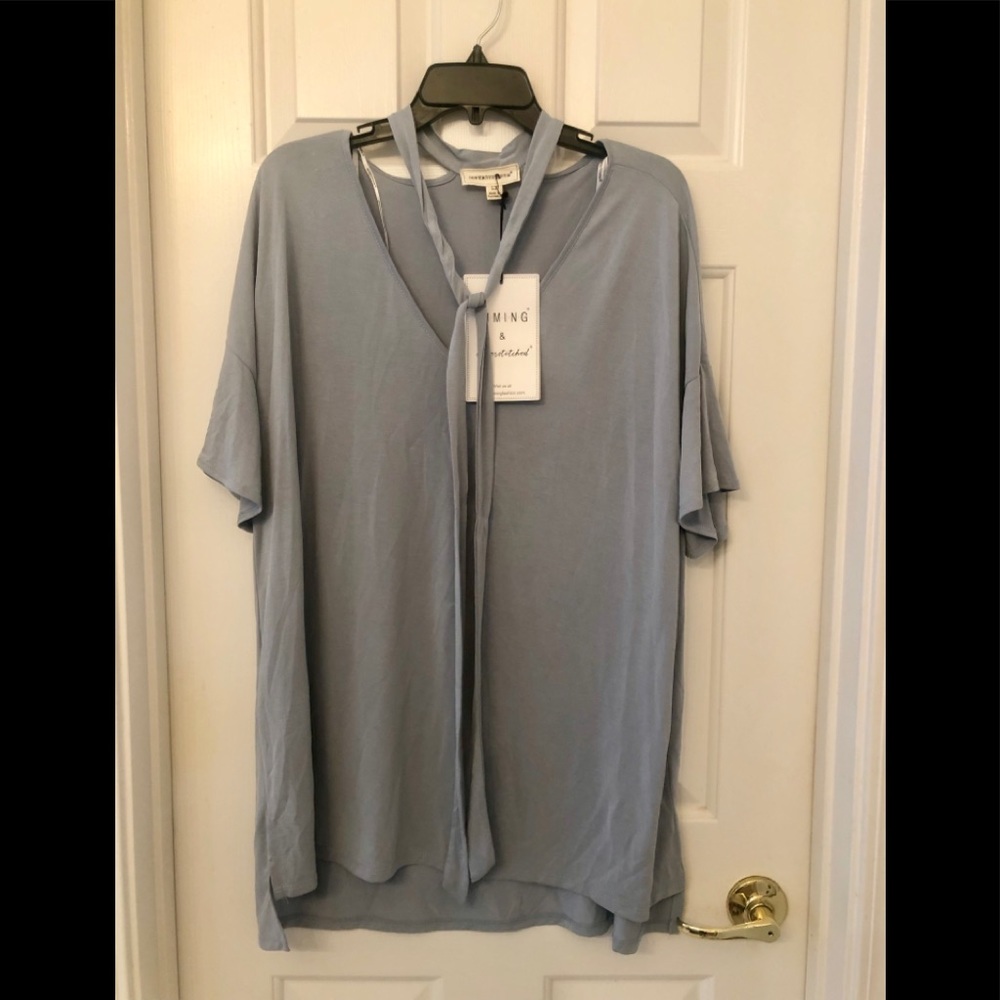 Plus Size Grey Tie Neck Top
